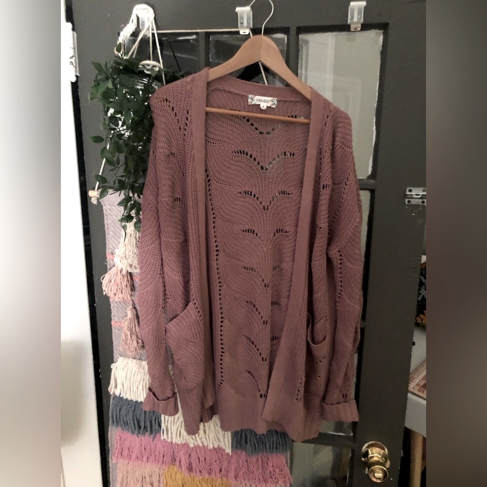 Women’s medium knit cardigan, mauve, long